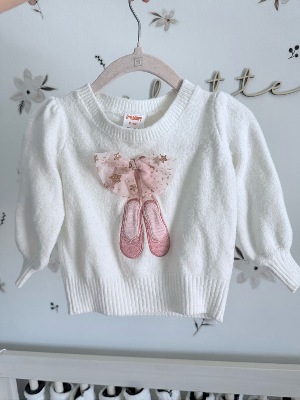 Gymboree White Sweater with Pink Ballerina Shoe Applique